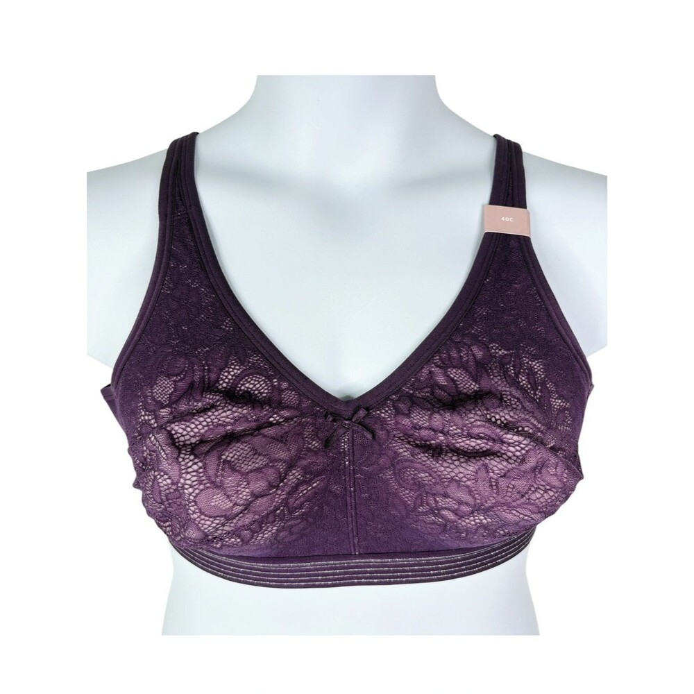 NWOT Cacique Unlined Full Coverage No-Wire Bra sz 40C * Purple Lace Silver Trim